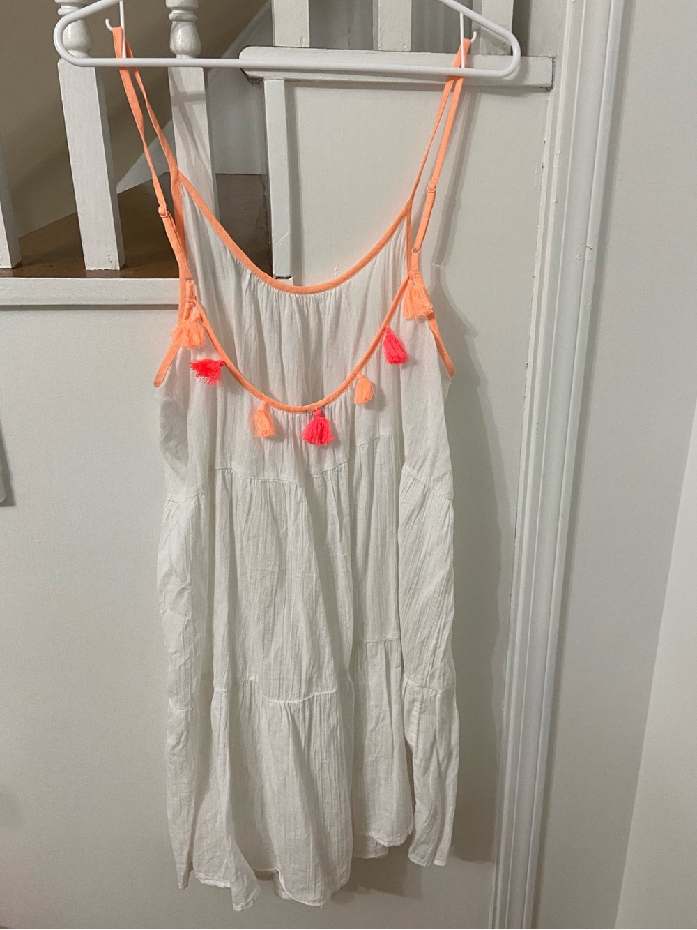 aerie White Swim Coverup with Neon Coral Straps & Tassels
